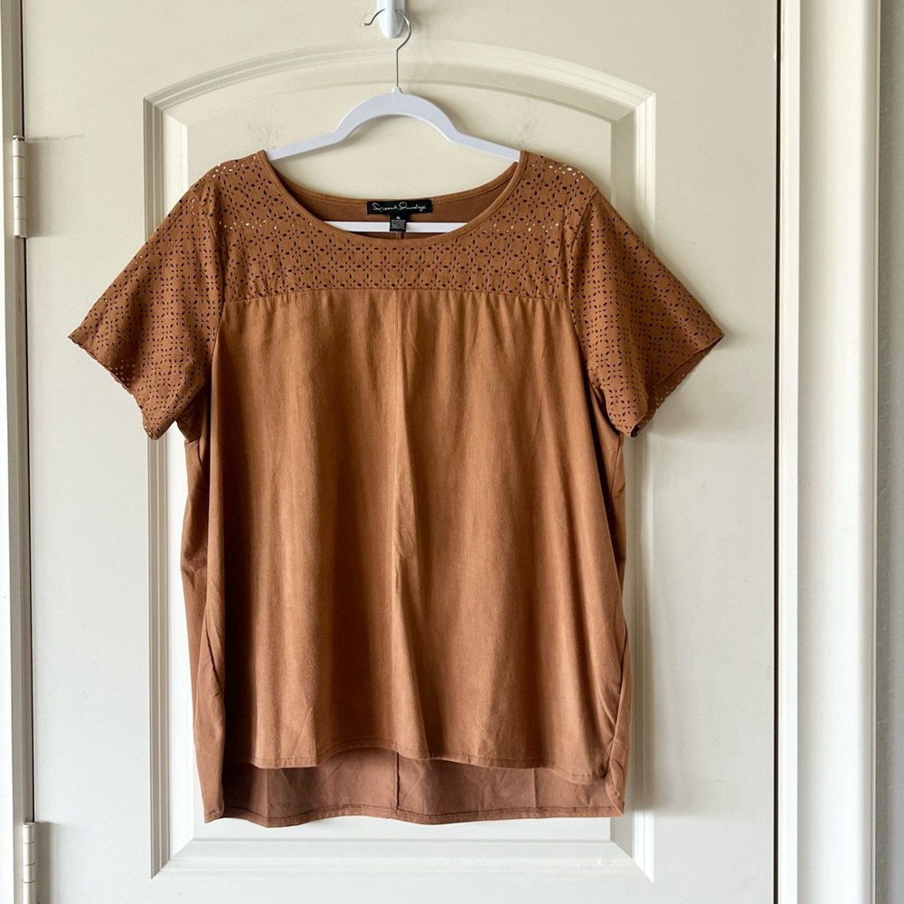 French Laundry XL Boho Faux Suede Top Brown Lace Cutout Eyelet High Low Hem
